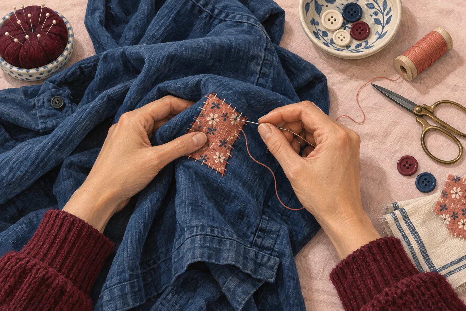 Ilustración de unas manos reparando una prenda azul con parche coral, hilo y botones